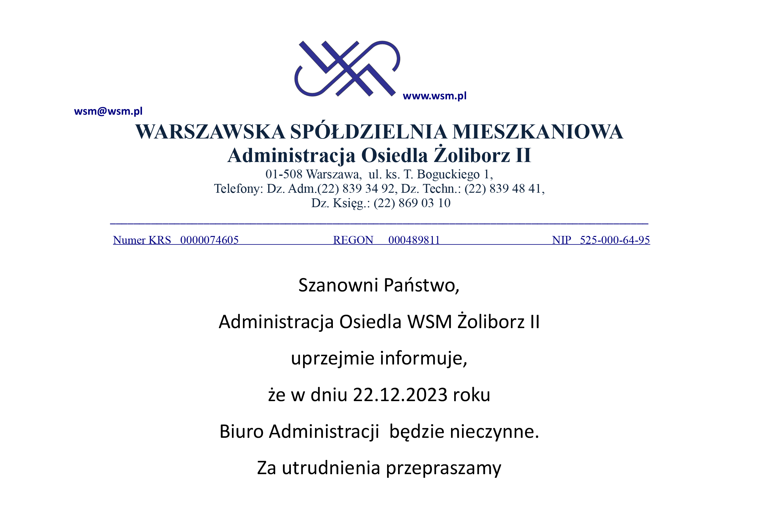 Informacja biuro administracji zamkniete 22 12 2023
